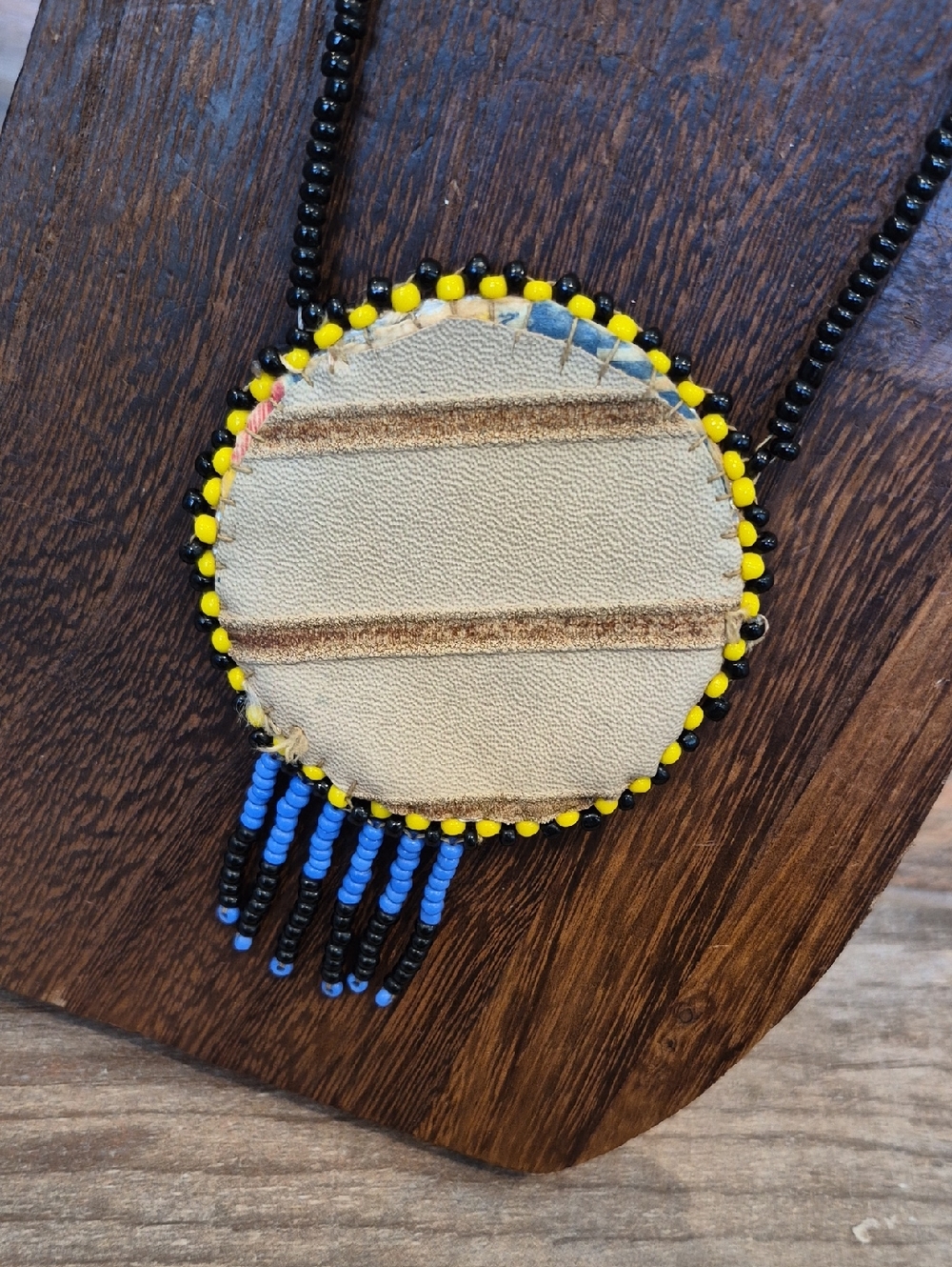 Vtg Seed Bead Medallion Pendant Necklaces, Blue, Green Yellow, & Black - Picture 10 of 13